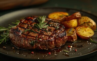 entrecote grilled steak with a professional arrangement, realistic and juicy
