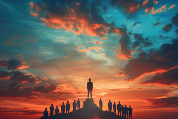 A single figure elevating above a group on a platform, symbolizing leadership, aspiration, and rising above challenges 