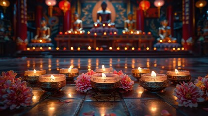 Buddha Statue With Candles and Flowers