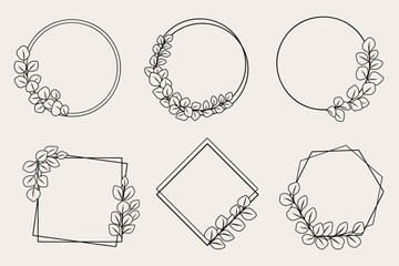 Vector eucalyptus wreath line art, minimalist leaf border, hand drawn eucalyptus leaf frames © Len Minimal Design