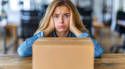 Distressed young woman with hands on head in front of a cardboard box, expressing frustration.