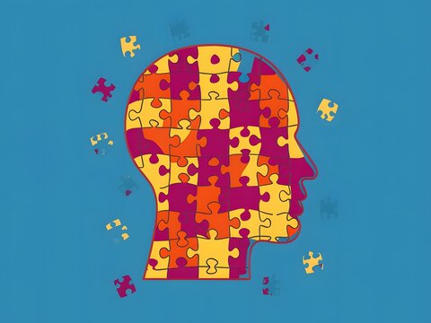 Cabeza humana con piezas de rompecabeza. Concepto de inteligencia y pensamiento creativo