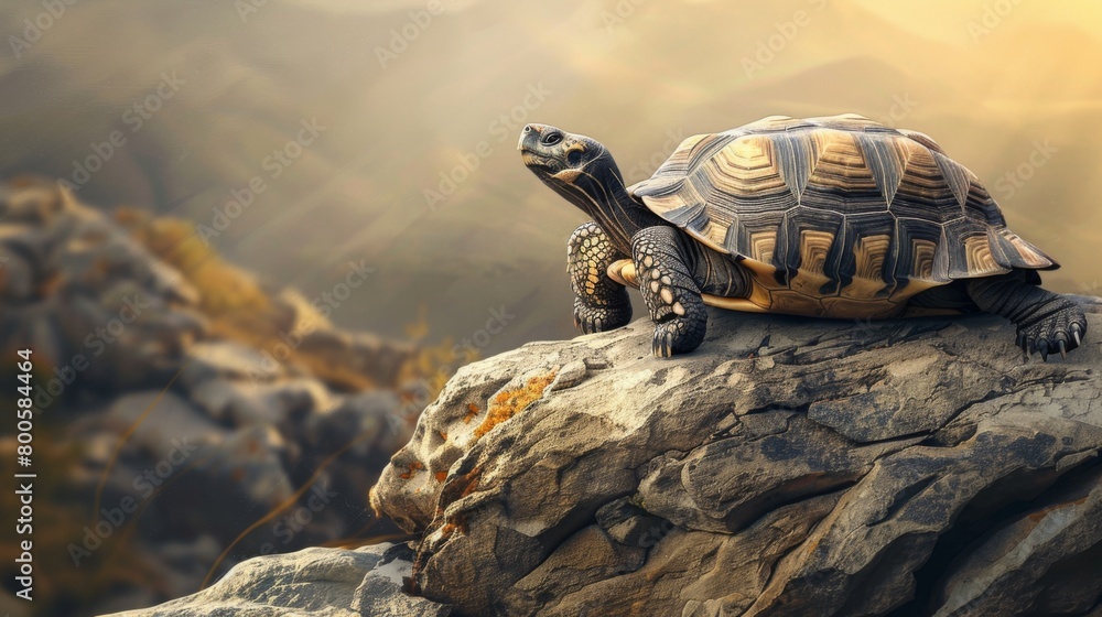 Poster a wise-looking tortoise perched on a weathered rock, gazing contemplatively into the distance.