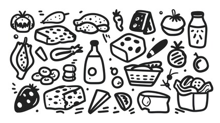 clipart of products from a food basic basket, black contour on a white background