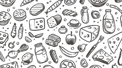 clipart of products from a food basic basket, black contour on a white background