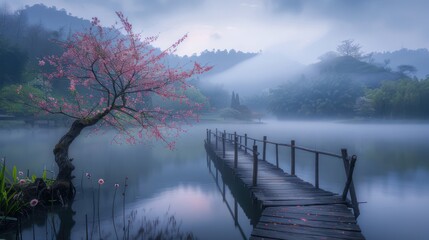A serene dawn with fog over water next to a flowering tree on a quaint wooden pier