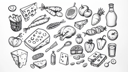 clipart of products from a food basic basket, black contour on a white background