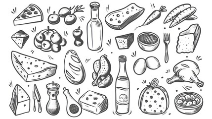 clipart of products from a food basic basket, black contour on a white background