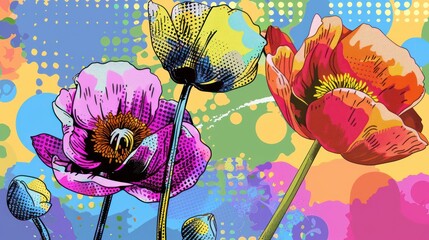 Bright and bold spring flowers in a pop art style, with vivid colors and halftone patterns © Matthew