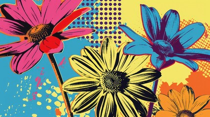 A collection of wildflowers in a dynamic pop art aesthetic with a retro-inspired color palette