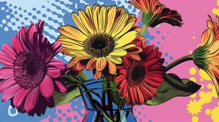 A striking composition featuring stylized flowers in bright colors of pop art style against a gradient yellow and pink background