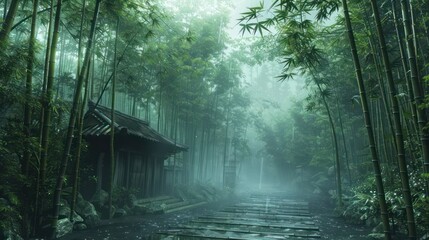 An old Japanese house nestles within a mystical bamboo forest, as the fog adds an air of mystery and timelessness to the scenic composition