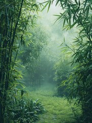 A mystical bamboo path that leads through a foggy grove, inviting viewers into a world of enchantment and curiosity