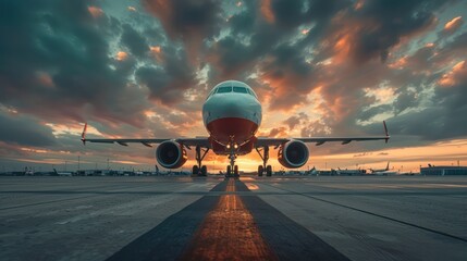 A commercial airplane centered on the runway, under a vivid sunset with fiery clouds casting a warm glow