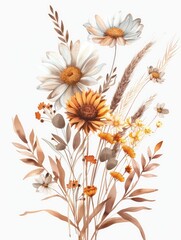 A pastel-hued illustration showcasing a bouquet featuring sunflowers and daisies with supple leaves and soft tones