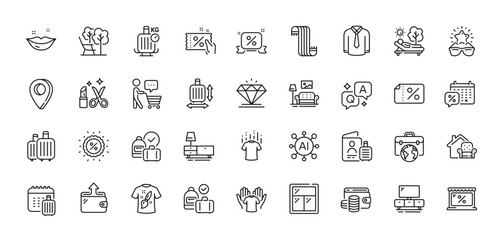Businessman case, Tv stand and Wallet line icons pack. AI, Question and Answer, Map pin icons. Baggage calendar, Market, Furniture web icon. Dresser, T-shirt design, Lips pictogram. Vector