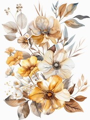 The image depicts an elegant floral composition with flowers and leaves in soft, neutral tones