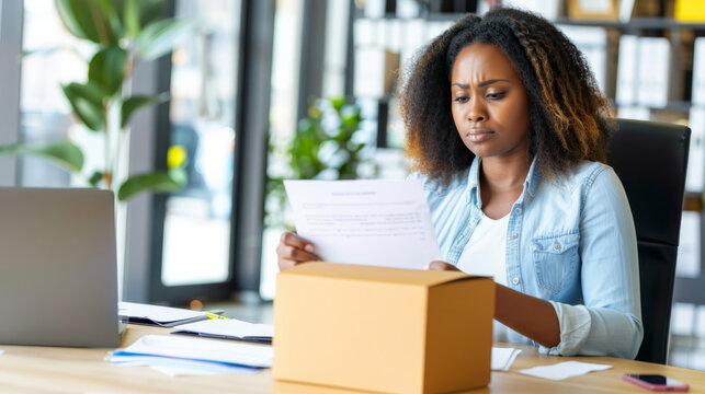 Professional Woman Evaluating Documents with Concern at Bright Modern Office. Concept of Work Issues and Problem Solving.