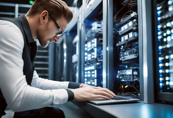 'security cyber center data room gital cabinets server rack operation transfer doing computer laptop using admin professional it caucasian man male datum administrator specialist engineer'