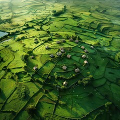 background of an idyllic small village in the middle of a lush, vivid green field, bird's eye view