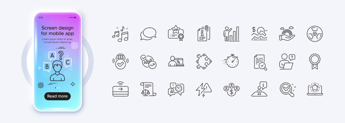 Chemical hazard, Music and Quiz test line icons for web app. Phone mockup gradient screen. Pack of Chemistry lab, Vip certificate, Interview pictogram icons. Vector