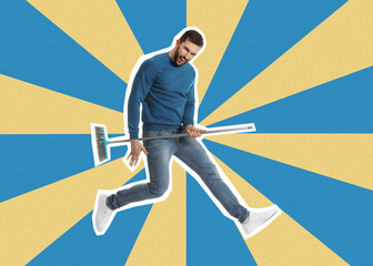 Pop art poster. Funny man with broom jumping on bright striped background, pin up style