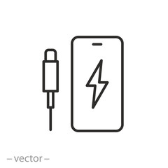 charge the gadget icon, connect the charger to the phone, electric usb cable, power supply for mobile, thin line symbol on white background - editable stroke vector illustration