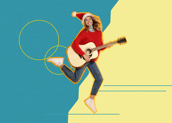 Pop art poster. Woman in Santa hat jumping while playing guitar on color background, pin up style