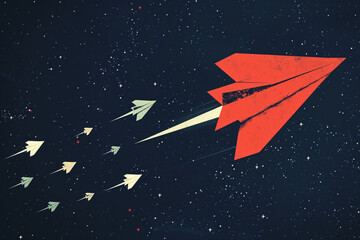 A sleek red paper plane with a shadow resembling a rocket, propelling ahead of white planes against a starry night sky 