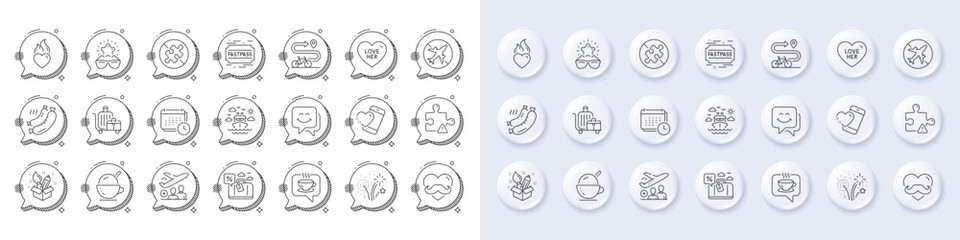 Calendar, Coffee and Ice cream line icons. White pin 3d buttons, chat bubbles icons. Pack of Grilled sausage, Passenger, Travel loan icon. Father day, Smile face, Best glasses pictogram. Vector