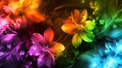 This image features a beautiful array of colorful abstract flowers with a glowing, neon aesthetic on a dark background