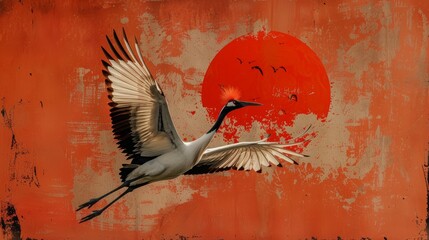 Naklejka premium Crane flying against red sun on textured background