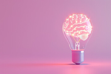 A sleek, 3D light bulb with neon brain circuits, floating on a pastel lavender background, embodying advanced thinking 