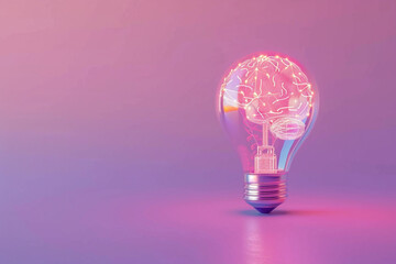 A sleek, 3D light bulb with neon brain circuits, floating on a pastel lavender background, embodying advanced thinking 