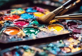 Obraz premium 'paint oil colorful palette s artist brushes used variation abstract acrylic art background box bright brush canvas clean colours craft design dirty drawing easel education freedom green hobby'