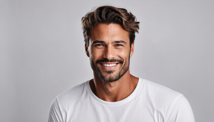Fototapeta premium Studio photo of a handsome man model smiling on white background