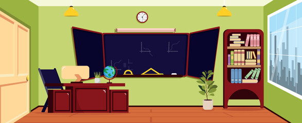 Vector illustration of a school classroom. Cartoon scene of a school classroom interior with blackboard, chalk, teacher's desk, computer, globe, bookcase, flower pots, window with city view, door.
