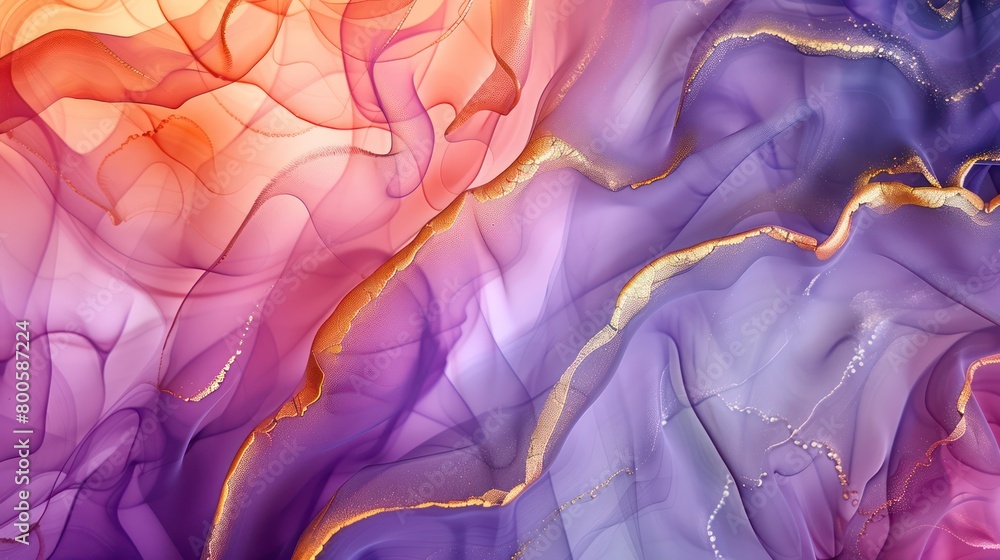 Poster this image features a beautiful blend of red to purple hues and gold accents creating a fluid, abstr