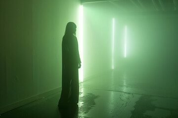 Fototapeta premium A spectral luminous figure standing in an eerie fluorescent lit room ghostly aura 