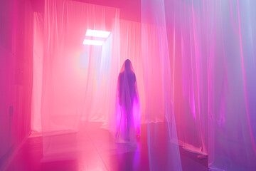 A spectral luminous figure standing in an eerie fluorescent lit room ghostly aura 