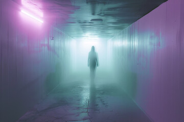 A spectral luminous figure standing in an eerie fluorescent lit room ghostly aura 