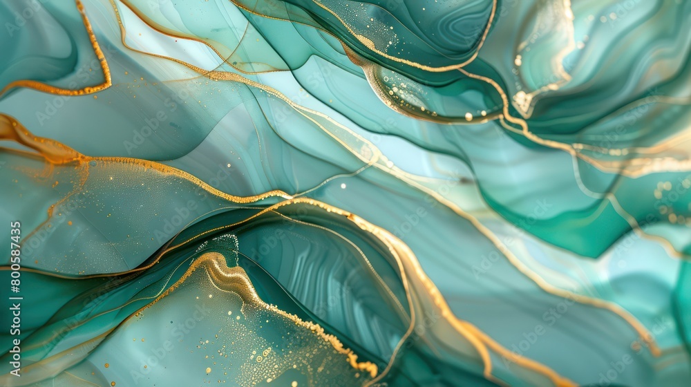 Poster this image showcases a beautiful abstract design with gold swirling patterns over a teal textured ba