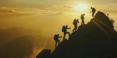 Fototapeta premium Silhouette of people hiking to top of the mountain climbers.