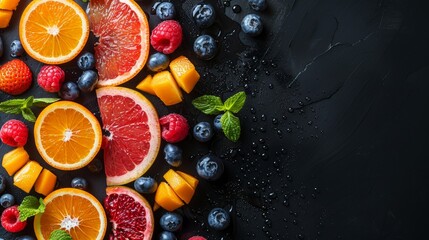 A close up of a variety of fruit on black background, AI