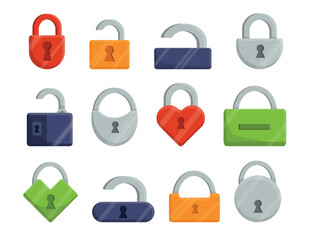 Set of colored locks. Vector illustration of locks of different shapes: heart, round, square, rectangular, isolated on white background. Hinged locks for locking doors. Castle of love on the bridge.