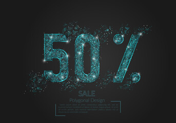 Abstract isolated blue 50 percent sale concept. Polygonal illustration looks like stars in the black night sky in space or flying glass shards. Digital design for website, web, internet.