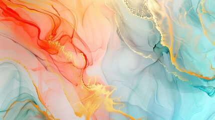 A mesmerizing image showcasing fluid art with swirling patterns of orange and turquoise mixed with golden accents