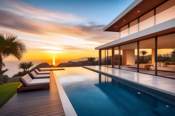 Fototapeta premium Luxury home with modern pool at sunrise, contemporary villa architecture, resort style hotel with beautiful interior and exterior design, backyard view, summer vacation and real estate
