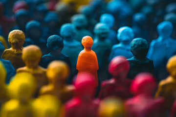 A standout colorful figure in a monochrome crowd, depicting the concept of leadership through uniqueness and diversity 