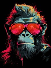 A watercolor skater punk of a cool ape with punk rock elements, such as a Mohawk hairstyle, a studded collar, and rebellious attitude